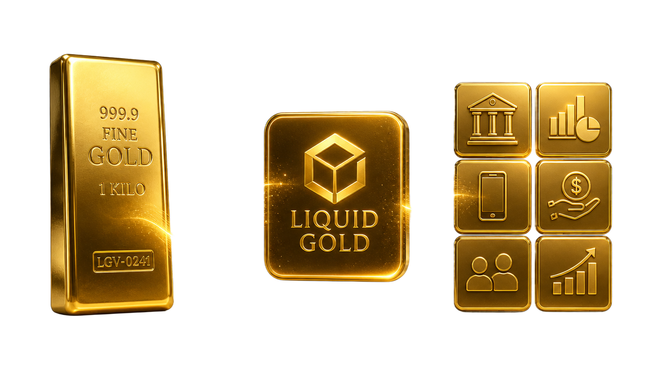Three-layer model: physical gold custody, Liquid Gold utility layer, and bank/product distribution partners.